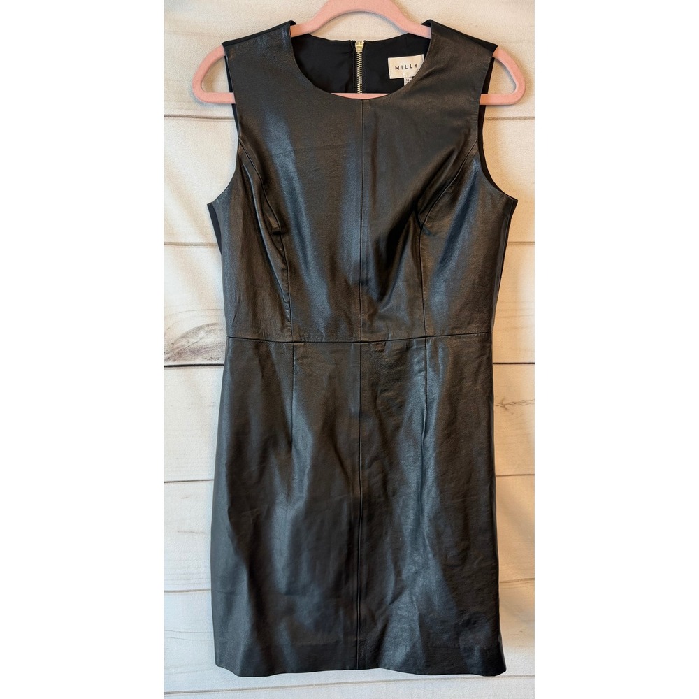 Milly Womens Black Lamb Leather Front Wool Blend Back Shift Dress Size 10